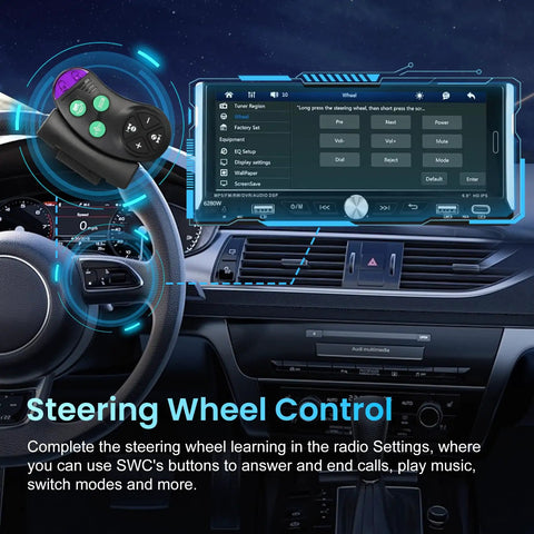 Single Din Car Stereo With Wireless Apple CarPlay And Android Auto 6.9 Inch IPS Touchscreen in a car dashboard with SWC feature