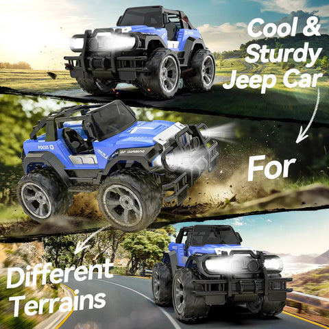 1 18 Scale RC Off Road Monster Truck with 2.4Ghz Radio, 80 Minute Playtime, LED Lights, Storage Case, All Terrain SUV Toy, Blue