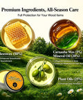 Premium Beeswax Wood Polish and Conditioner ingredients display with beeswax, carnauba wax, and plant oils on a nature background.