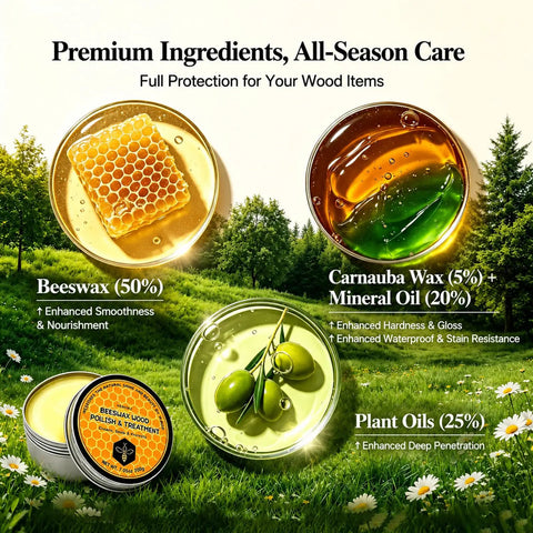 Premium Beeswax Wood Polish and Conditioner ingredients display with beeswax, carnauba wax, and plant oils on a nature background.