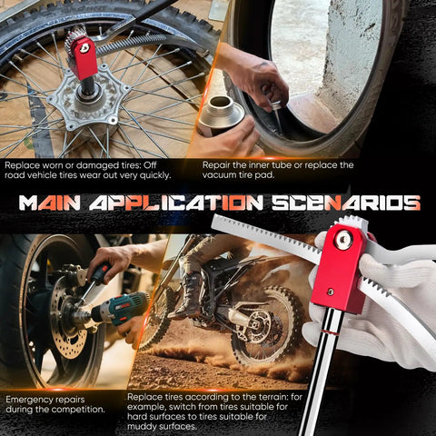 Collage of dirt bike tire repair scenarios using All In One Dirt Bike Tire Changing Tool Kit for quick swaps on the go.