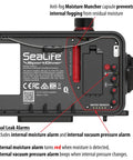 Back view of SportDiver Underwater Phone Housing For Depths Up To 130 Feet, showing internal alarms and moisture muncher capsule.