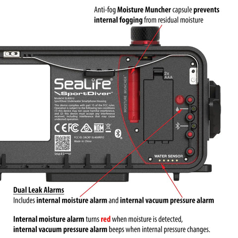 Back view of SportDiver Underwater Phone Housing For Depths Up To 130 Feet, showing internal alarms and moisture muncher capsule.