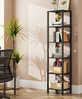Tall Narrow Bookshelf Featuring Six Tier Open Shelves Compact Slim Design Versatile End Table Pair with books and decor