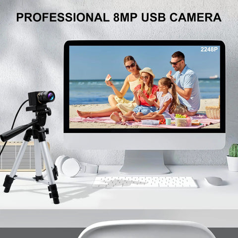 Ultra HD 8MP USB Camera With 2.8 To 12mm Varifocal Lens featured next to a computer displaying a family photo for video capture.