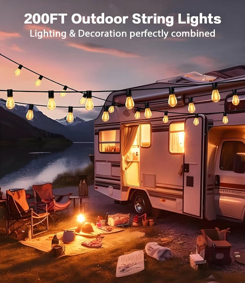 Camping scene with 200 Ft LED Outdoor String Lights With Remote 74 Plus 2 Shatterproof Bulbs lit around RV at sunset
