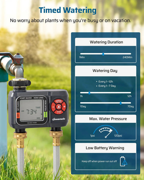 Two Zone Hose Timer With Rain Delay And Manual Watering Programmable Sprinkler Timer For Garden And Yard shown with LCD screen
