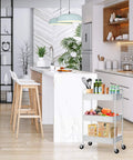 Kitchen view of Three Tier Rolling Metal Storage Organizer On Wheels White Mobile Utility Cart with caster wheels.