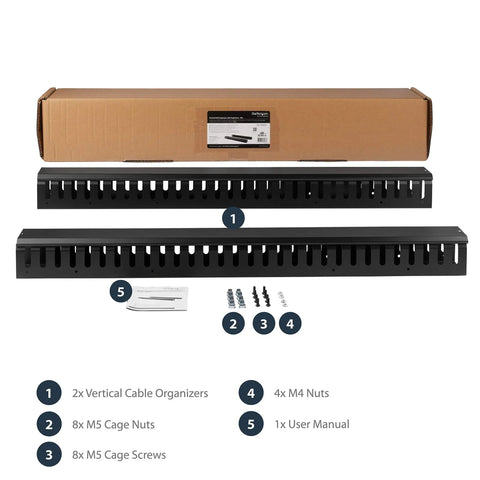 2-Pack 20U Vertical Cable Organizer With Finger Ducts For 40U Rack Mounts, accessories, and packaging box.