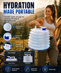 Woman holding Ultra Compact Collapsible Water Container with Spigot for Camping and Travel 5L, expanded showing accordian design