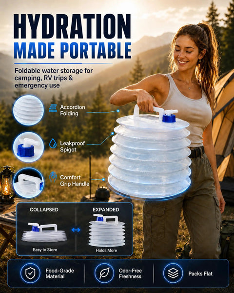 Woman holding Ultra Compact Collapsible Water Container with Spigot for Camping and Travel 5L, expanded showing accordian design