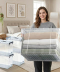 Big Boss 90 Quart Clear Plastic Storage Bins 8 Pack With Snap On Lids Heavy Duty Jumbo Tote Containers storing blankets in a cozy room.