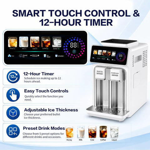 Smart touch control interface of the 3 In 1 Countertop Ice Maker Featuring An Automatic Ice Crusher And Water Dispenser.