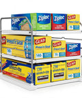 Heavy Duty Expandable Three Tier Kitchen Cabinet Organizer And Pantry Shelf Rack For Plastic Wrap Foil Storage Bags And Snack Boxes with food storage box display.