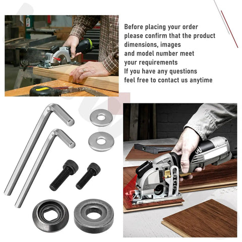 Flange Lock Blade Bolt Kit With Outer And Inner Flanges For Worx Four And A Half Inch Compact Saws WX439L WX531L RK3441K Includes Wrench Locking Screws And Washers Set shown with saw and accessories.