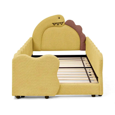 3D Dino Headboard Kids Bed With Safety Guardrails, Double Size, Solid Wood Frame, Raised Padded Rails, Terry Cloth Fabric Upholstery