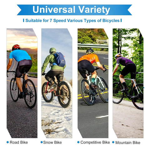 Cyclists on road, snow, competitive, and mountain bikes using 7 Speed Bike Cassette 11-28T Sprocket For Mountain And Folding Bikes