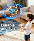 Child playing with Palm-Sized Mini Drone For All Ages With LED Light Display, 360 Degree Flips, in a living room setting.