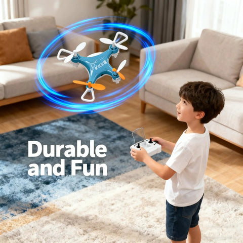 Child playing with Palm-Sized Mini Drone For All Ages With LED Light Display, 360 Degree Flips, in a living room setting.