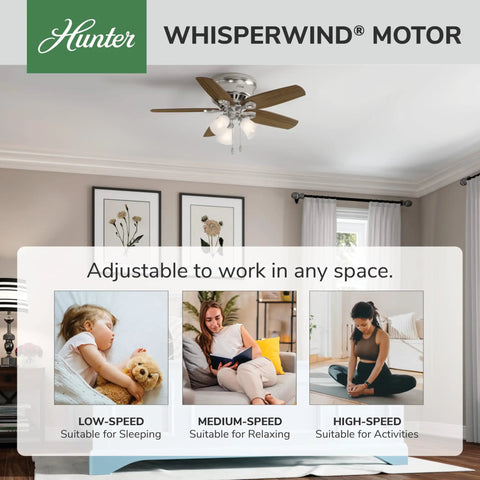 42 Inch Indoor Ceiling Fan With LED Lights, Low Profile Flush Mount, Pull Chain Control, ideal for bedroom with WhisperWind motor