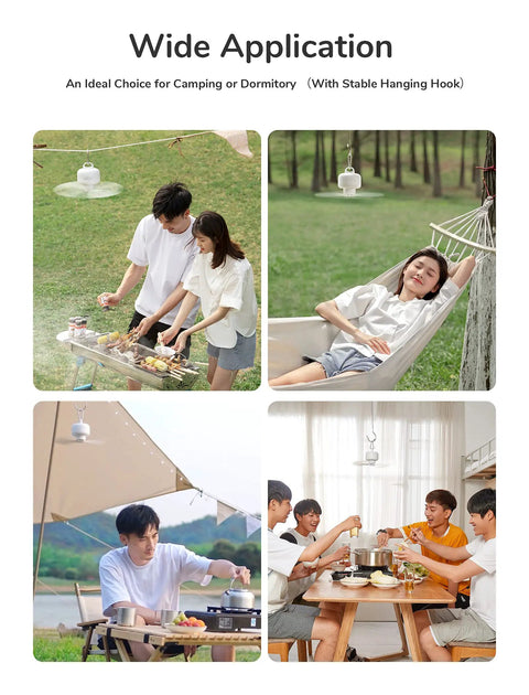 Portable Camping Fan With 8000mAh Battery, Rechargeable Tent Fan With Remote shown in various outdoor and indoor settings