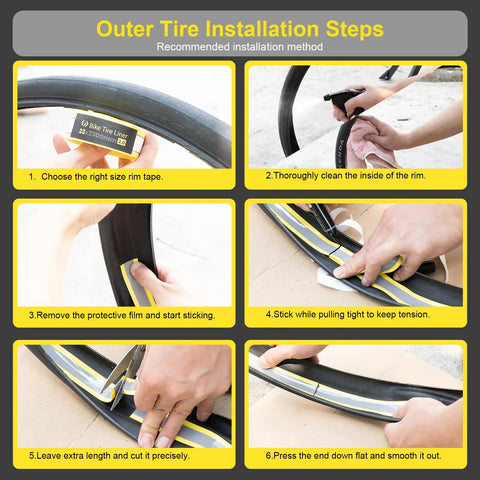 Self Adhesive Bike Tire Liner 40mm Anti Puncture Protector installation steps for MTBs and E Bikes in 26, 27.5, 29 inch sizes
