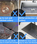 Comparison of sinks with and without Silicone Sink Mat Grid For Kitchen Sink Protects Glassware And Stainless Steel Surfaces Fits 12 To 30 Inch Sinks With Curved Edges And High Temperature Resistance, showing rust and scratches versus protection.