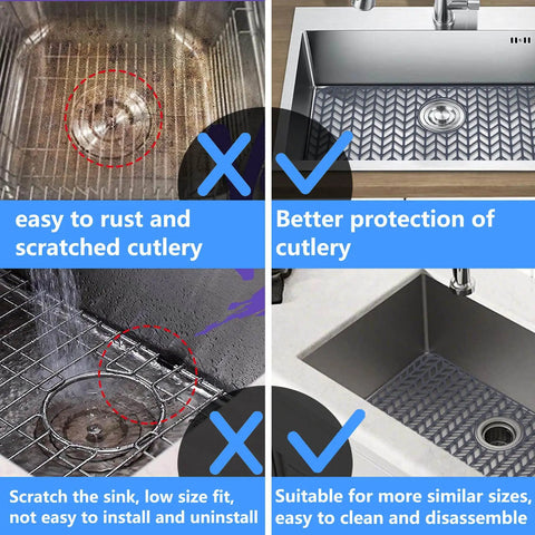 Comparison of sinks with and without Silicone Sink Mat Grid For Kitchen Sink Protects Glassware And Stainless Steel Surfaces Fits 12 To 30 Inch Sinks With Curved Edges And High Temperature Resistance, showing rust and scratches versus protection.
