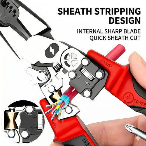 All In One Electrician Pliers With Digital Display And Voltage Tester, Wire Stripper Cutter Crimper Screwdriver, Multi Function Electrical Tool For Home Auto And Workshop Use Green, sheath stripping close-up