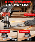 Heavy Duty Cordless Palm Router With A Beefy 800W Brushless Motor Churning Up To 28000 Rpm For Fast Woodworking Cuts, shown in use with trimmer guide.