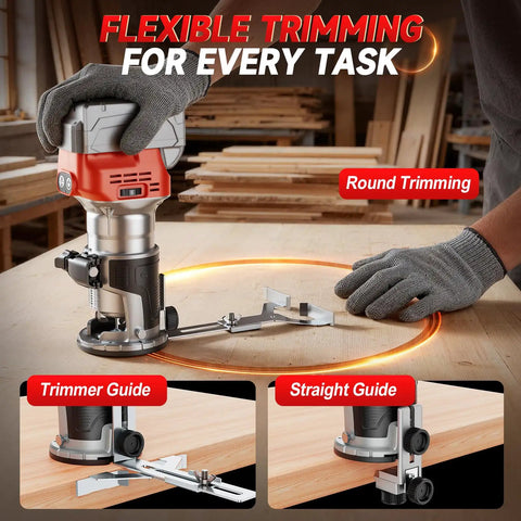 Heavy Duty Cordless Palm Router With A Beefy 800W Brushless Motor Churning Up To 28000 Rpm For Fast Woodworking Cuts, shown in use with trimmer guide.