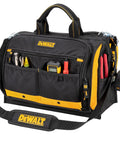 18 Inch Multi Compartment Tool Carrier With 1680D Ballistic Polyester, tools visible in pockets, durable storage for contractors
