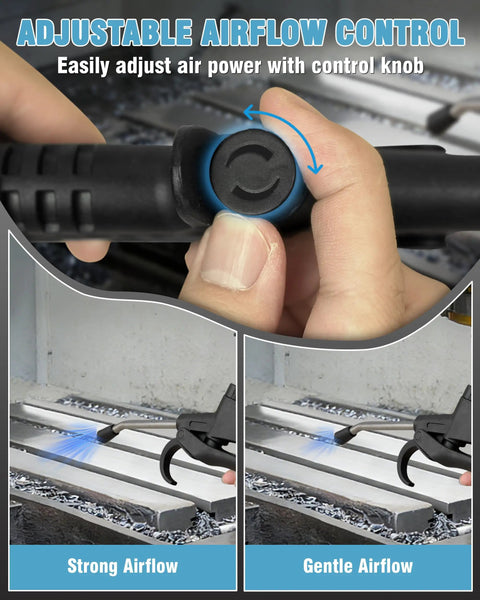 Adjustable air control knob on Heavy Duty Air Blow Gun With Long Nozzle for precise airflow in shop dust cleanup.