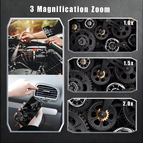 Dual Lens Endoscope Camera With Light And Eight Adjustable LED Lights, 1920x1440 HD Borescope showing 3 magnification zoom options
