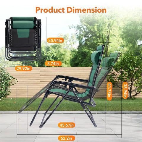 Oversized Padded Zero Gravity Chair With Cup Holder Foldable Patio Lounge Recliner For Yard Camping Black And Green shown with dimensions