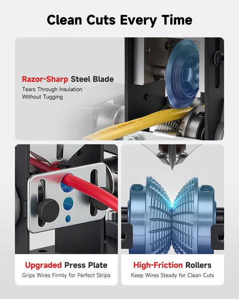 Heavy Duty Electric Wire Stripper Machine Featuring Multiple Operation Modes For Rapid Automated Cable Peeling, showcasing razor-sharp steel blade and high-friction rollers.