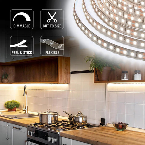 12V White LED Strip Lights RibbonFlex Pro installation in kitchen, showing flexibility and dimmable features with under-cabinet lighting.
