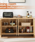Open rattan buffet cabinet displaying storage shelves in dining room, featuring bottled drinks and kitchenware, farmhouse style.