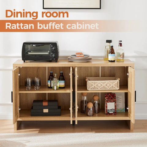 Open rattan buffet cabinet displaying storage shelves in dining room, featuring bottled drinks and kitchenware, farmhouse style.