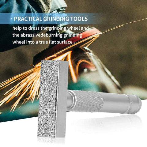 Diamond Grinding Wheel Dresser Stone Kit Two Pack in use, featuring flat diamond surface and aluminum knurled handle for precision