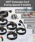 50 Foot Black Outdoor Extension Cord With Six Evenly Spaced Outlets And Waterproof Cover For Outdoor Lighting And Holiday Decorations Weatherproof SJTW Sixteen Three ETL Listed Great For Christmas Lights Halloween Decor And Backyard Projects shown coiled with specifications