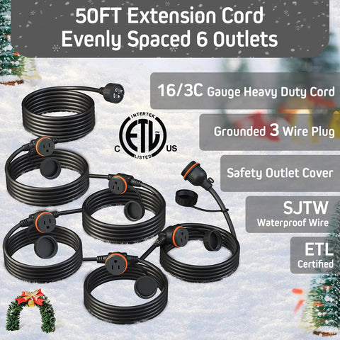50 Foot Black Outdoor Extension Cord With Six Evenly Spaced Outlets And Waterproof Cover For Outdoor Lighting And Holiday Decorations Weatherproof SJTW Sixteen Three ETL Listed Great For Christmas Lights Halloween Decor And Backyard Projects shown coiled with specifications