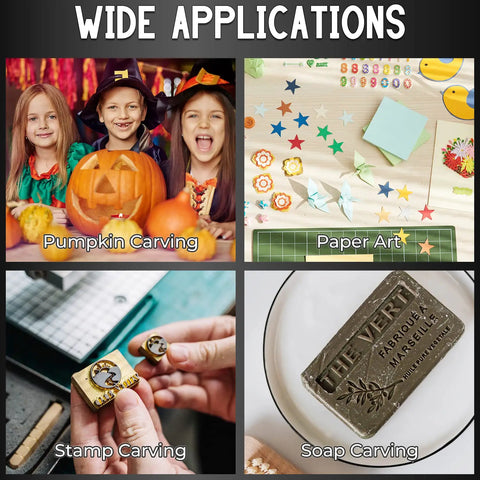 Collage showing applications for 100 Pack Exacto Knife Blades Number 11 Replacement Blades: pumpkin carving, paper art, stamp carving, soap carving.