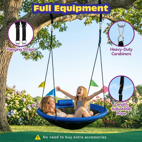 Children swinging on a Blue 48 Inch Saucer Tree Swing With Straps, Heavy Duty 600 Lb Weight Capacity, surrounded by trees.