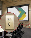 Office wall with Duplex Receptacle Metal Wall Plate 1-Gang 4.50 By 2.76 Inches Brass Plated Stainless Steel in close-up.