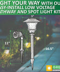 Low Voltage LED Landscape Lighting Kit 8 Pack With 6 Stake Lights And 2 Flood Spotlights Plus Transformer For Outdoor Pathways Garden Yard And Deck Lighting In Black Finish That Looks Lit showing dimensions 5"x16.5" stake light and 11" flood light