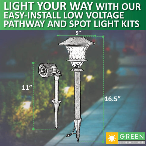 Low Voltage LED Landscape Lighting Kit 8 Pack With 6 Stake Lights And 2 Flood Spotlights Plus Transformer For Outdoor Pathways Garden Yard And Deck Lighting In Black Finish That Looks Lit showing dimensions 5"x16.5" stake light and 11" flood light