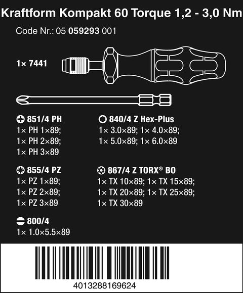 Kraftform Compact 60 Torque Screwdriver Set With Adjustable 1.2-3 Nm, 17-Piece Kit details and components diagram.