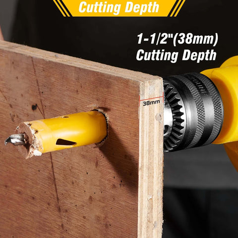 KATA bi-metal hole saw kit (19 pieces) with mandrels and drill bit; 38mm hole saw cutting wood, side view