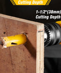 Pro Grade Bi Metal Hole Saw Kit 18 Piece M42 Steel Set drilling through wood, 1-1/2" cutting depth shown.
